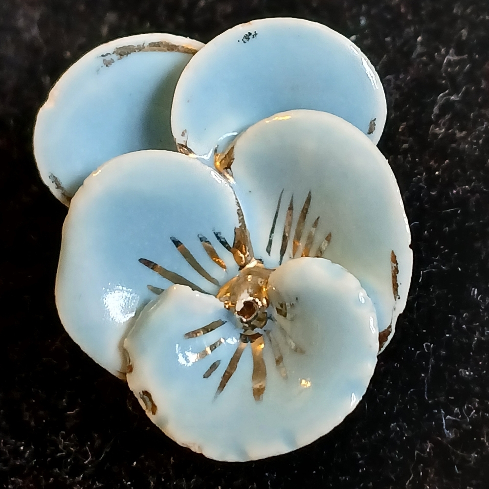 Vintage Baby Blue Pansy Brooch With Gold Trim